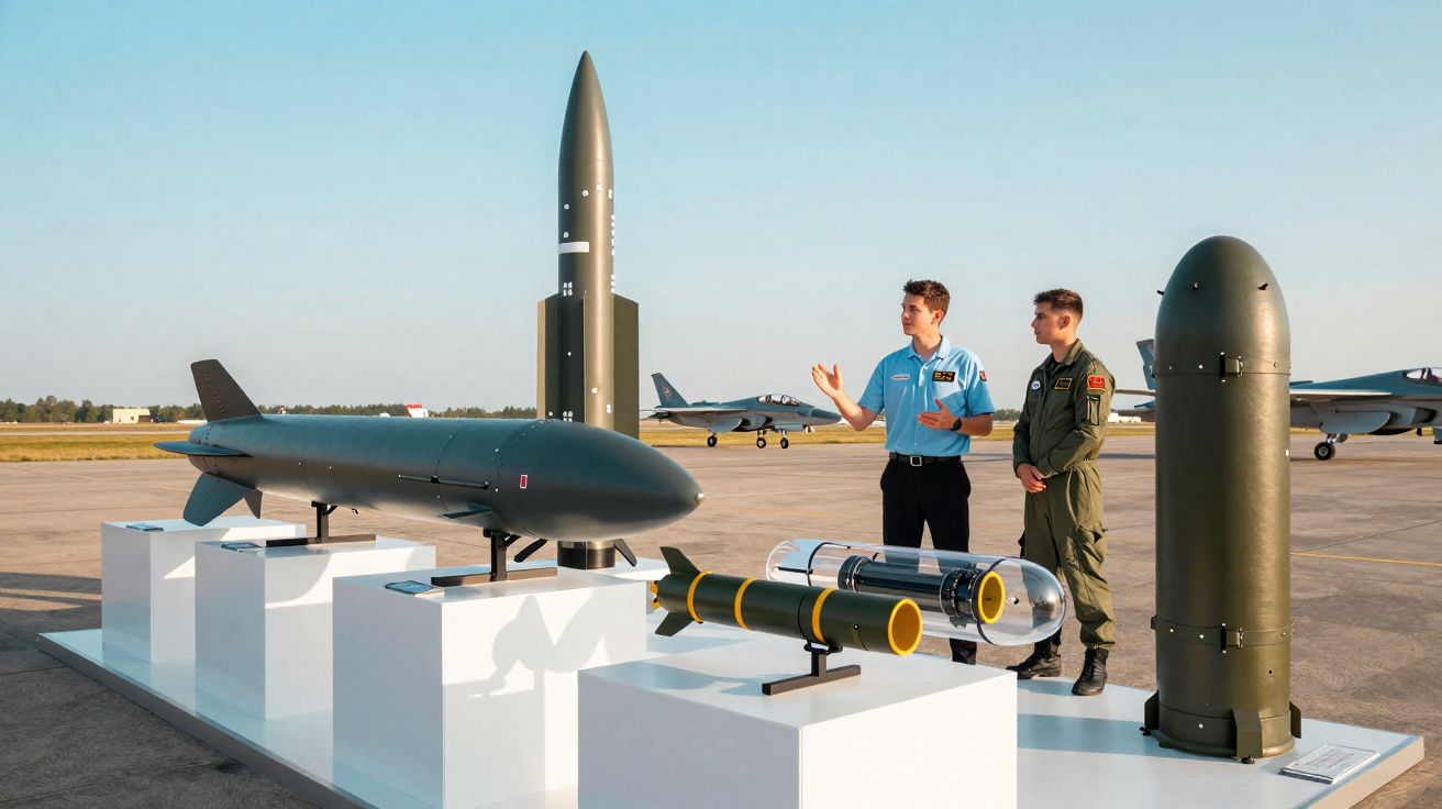 Dois militares junto a diferentes tipos de mísseis e bombas expostos num aeroporto militar.