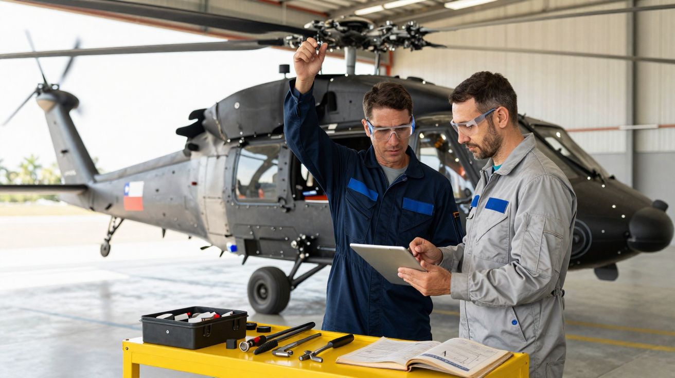 Dois técnicos a usar fatos de trabalho e óculos de proteção a inspecionar um helicóptero num hangar.