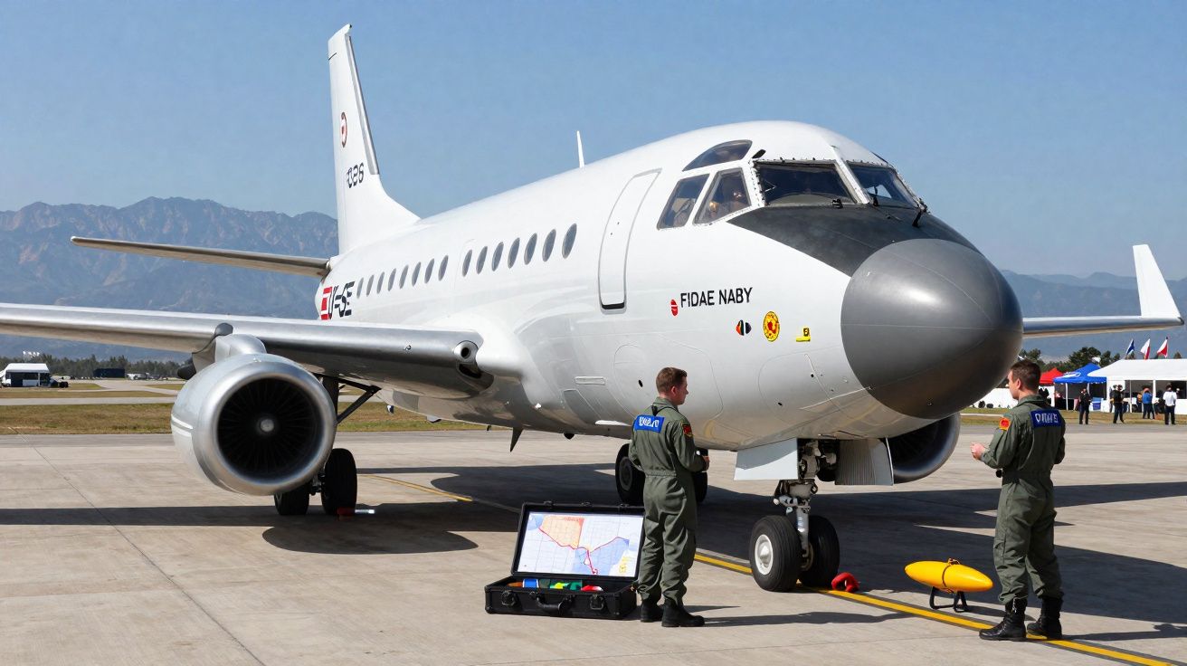 Avião militar branco no pátio com dois tripulantes em fardas verdes e equipamento no chão.