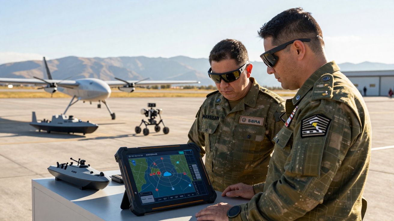 Dois militares com fardas camufladas e óculos escuros analisam um ecrã digital com radar num aeroporto militar.