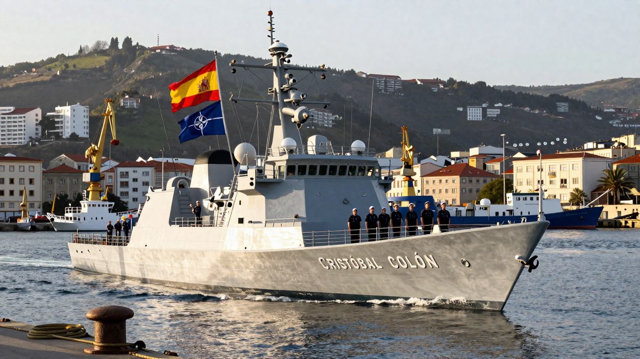 Navio militar Cristóbal Colón com tripulação na proa, bandeiras de Espanha e NATO, atracado em porto com cidade ao fundo.