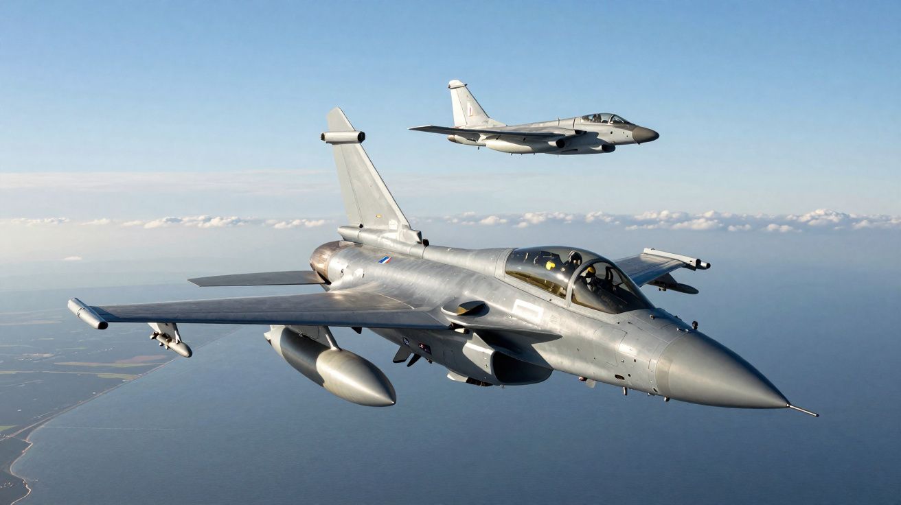 Dois caças militares em voo sobre o mar com céu limpo e algumas nuvens ao fundo.