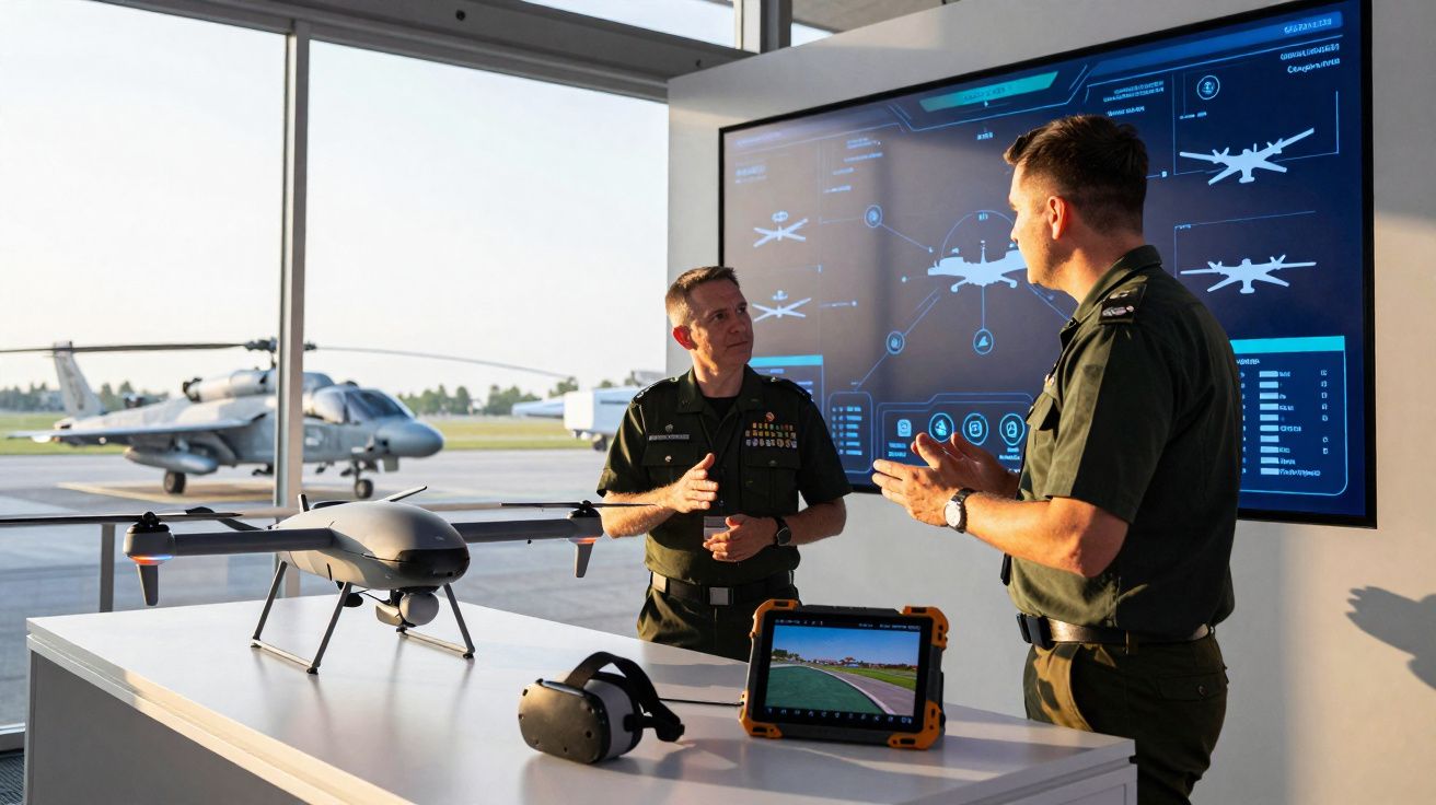 Dois militares discutem tecnologia de drones com equipamentos e ecrã digital numa base aérea com aviões ao fundo.