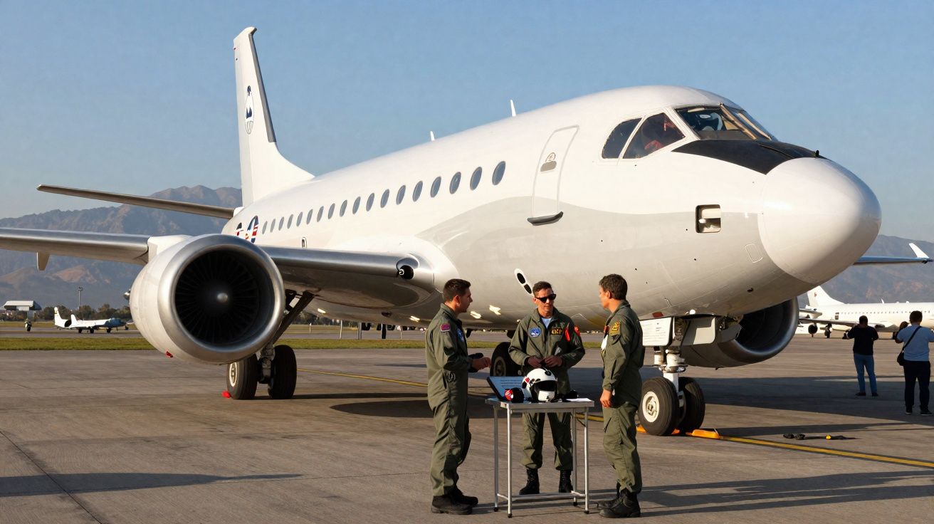 Três pilotos militares discutem junto a uma mesa com capacete à frente de um avião branco estacionado no aeroporto.