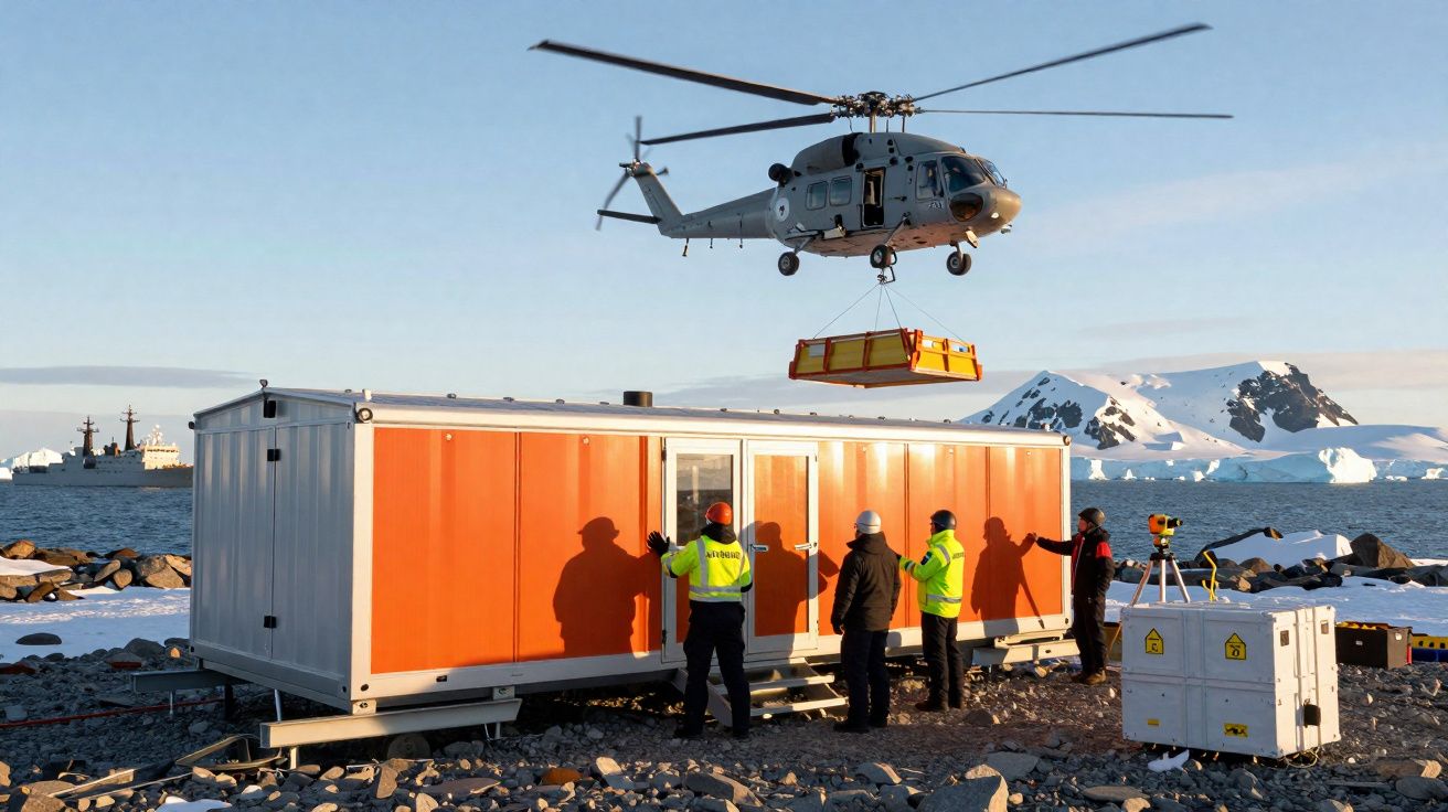 Helicóptero transporta carga aérea perto de contentor laranja com quatro trabalhadores em paisagem polar nevada.