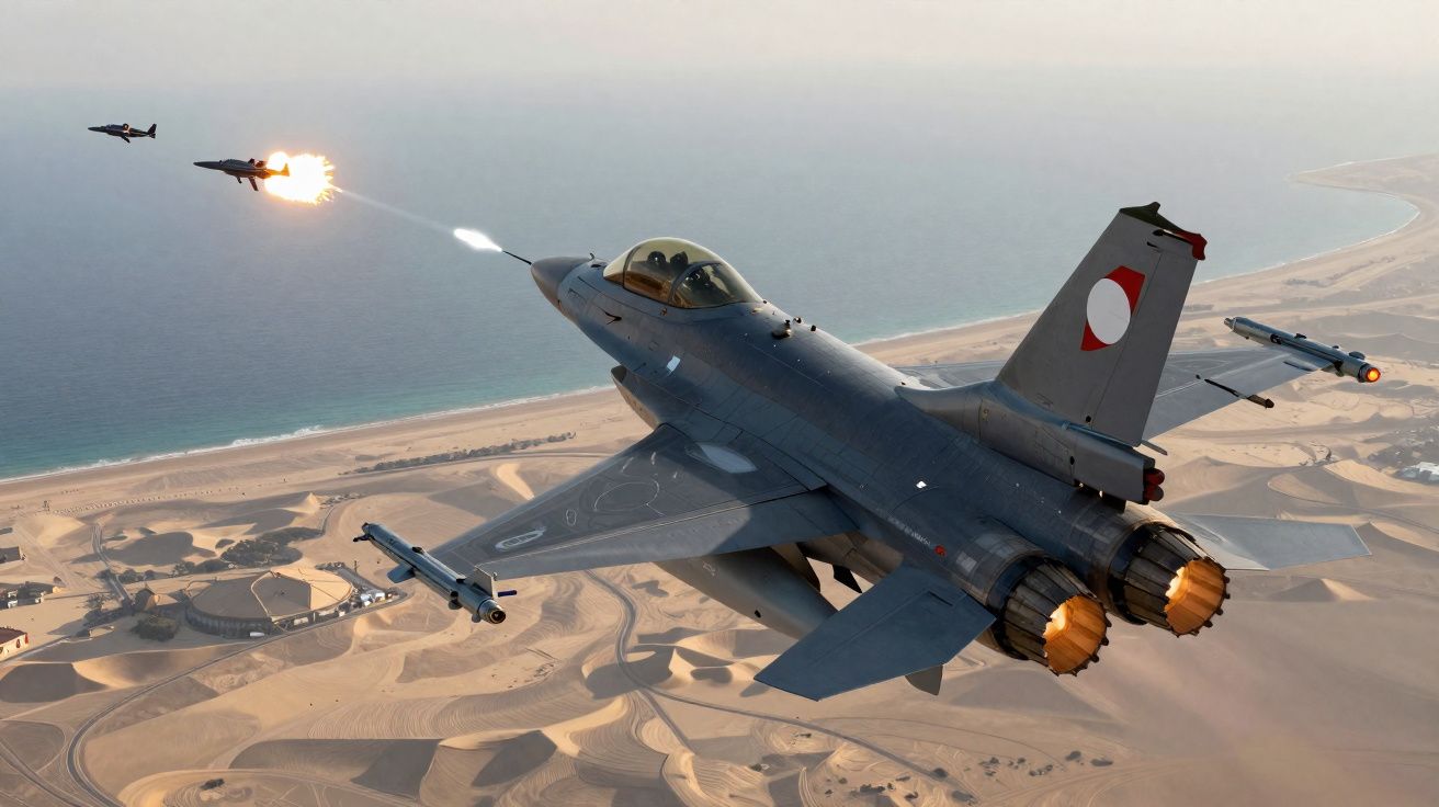 Caça militar a jato a disparar mísseis em voo sobre região desértica costeira.