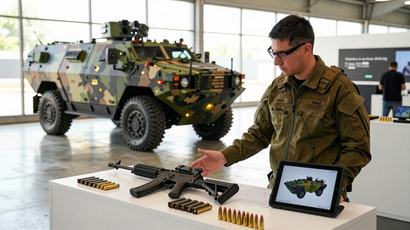 Homem em uniforme militar apresenta espingarda, munições e veículo blindado camuflado em exposição interna.