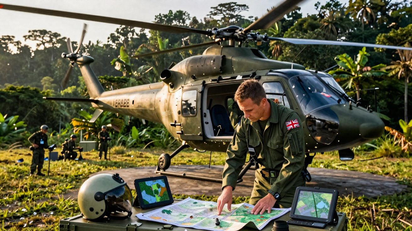 Militar britânico a analisar mapas em mesa perto de helicóptero verde na selva.