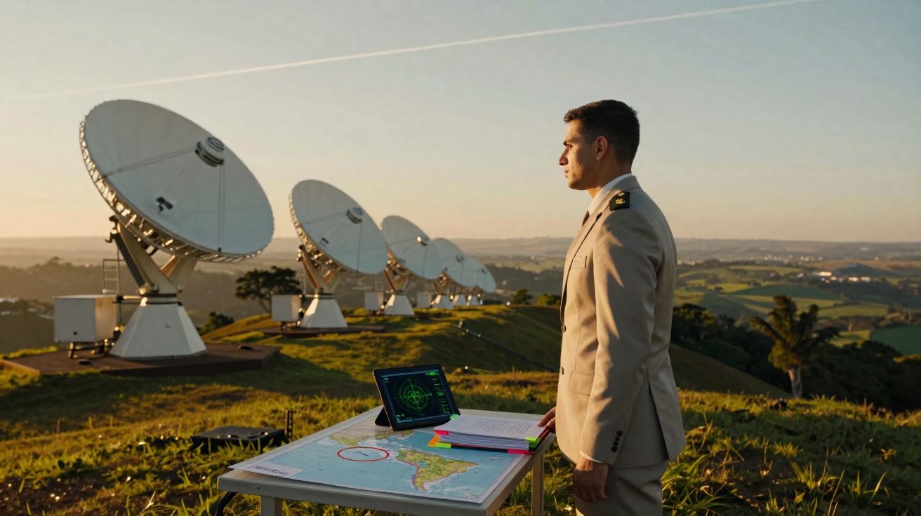 Homem em uniforme militar junto a mesa com mapa e tablet, perto de antenas parabólicas num campo ao pôr do sol.