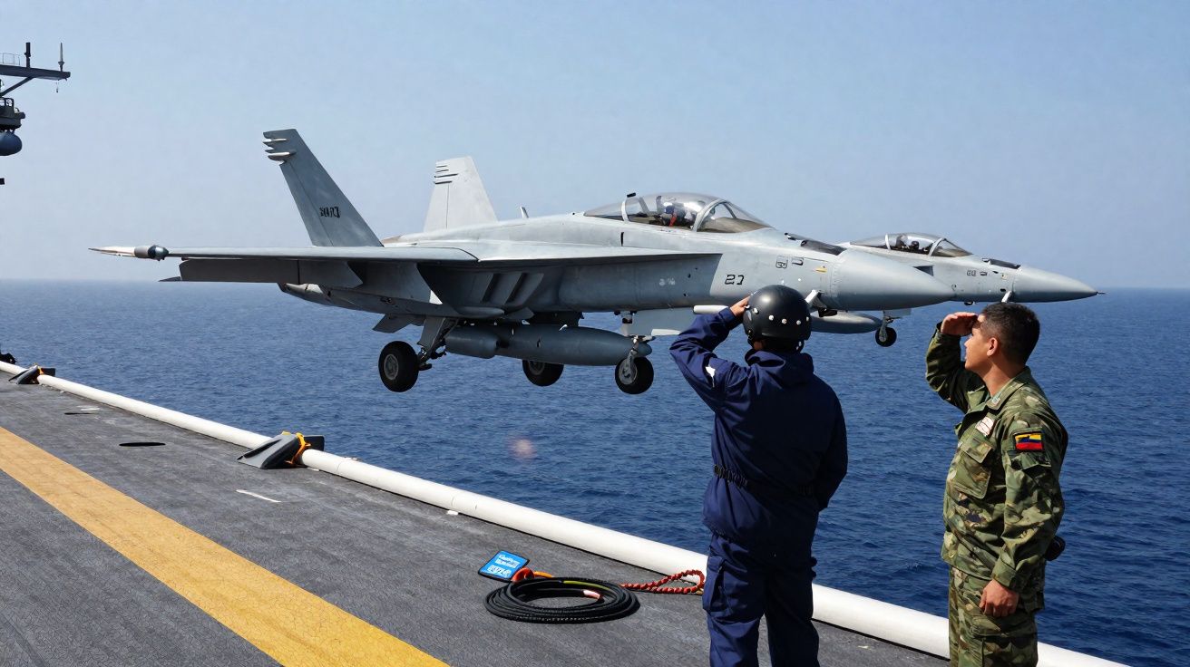 Caça F/A-18 a descolar de porta-aviões com dois militares a observar e cumprimentar na plataforma.