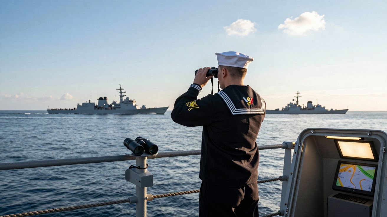 Marinheiro da marinha observa navios militares no mar com binóculos durante dia claro.
