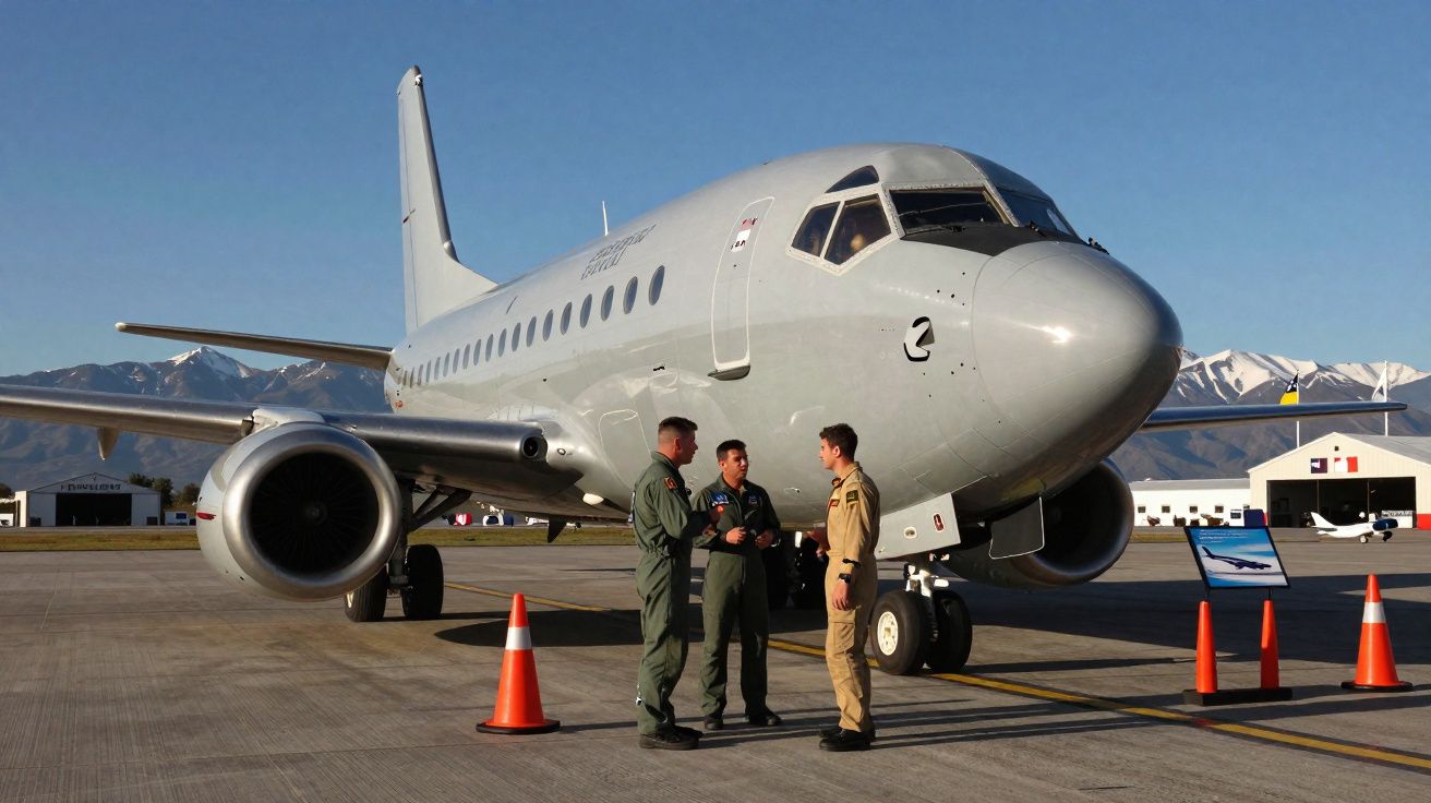 Avião militar branco estacionado com três militares a conversarem em frente, no aeroporto com montanhas ao fundo.