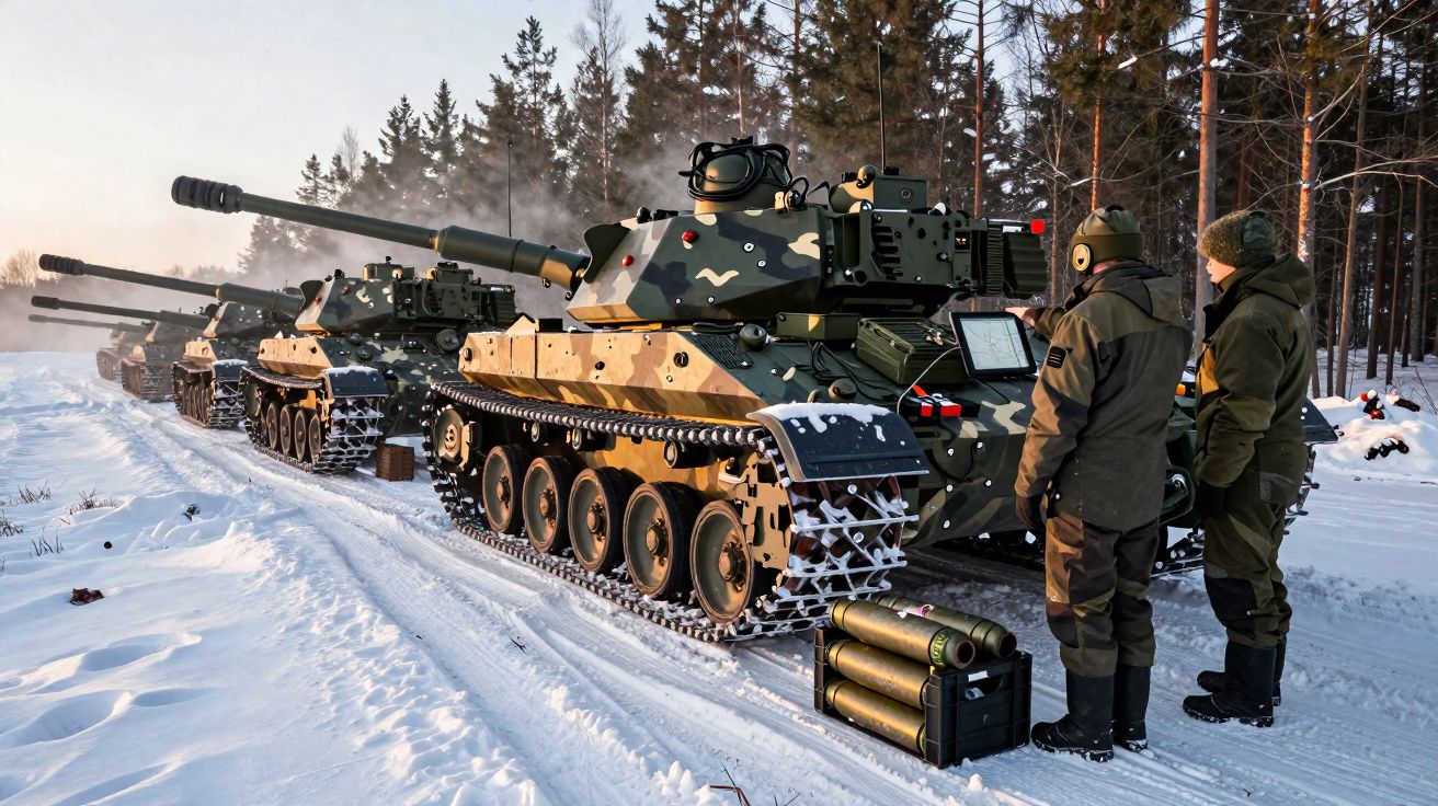 Tanques camuflados alinhados na neve com dois soldados em farda militar junto a munições.