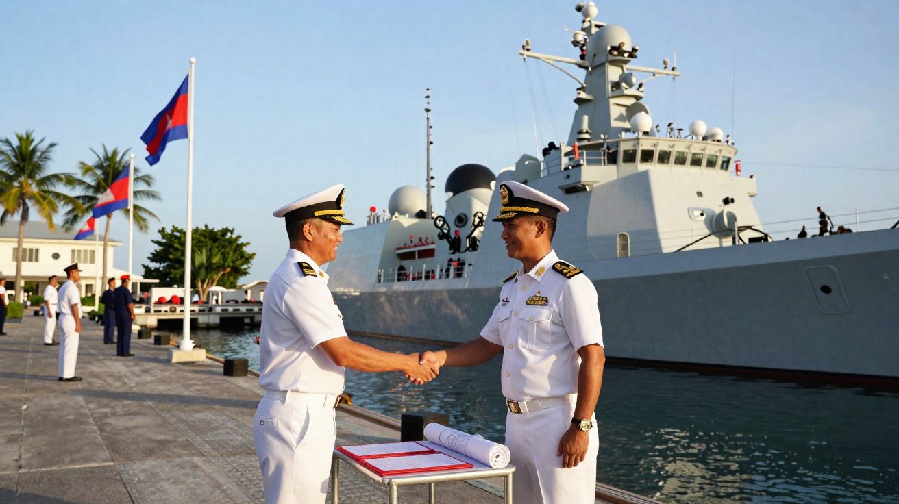 Dois oficiais navais de farda branca apertam as mãos junto a um navio de guerra atracado numa doca.