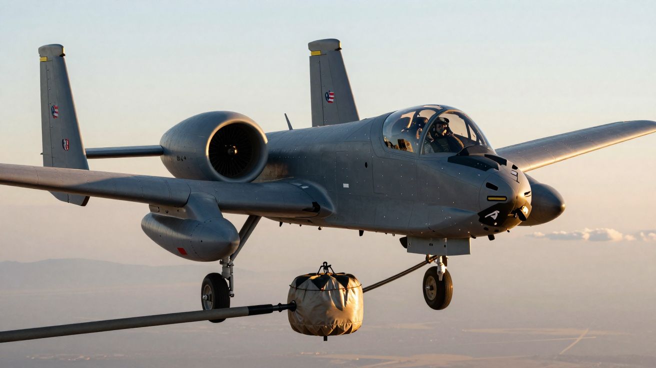 Avião militar A-10 Thunderbolt II em voo, visto de perto ao pôr do sol.