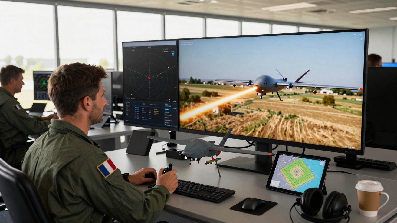 Homem em uniforme militar controla drone armado em estação com ecrã e comandos de voo.