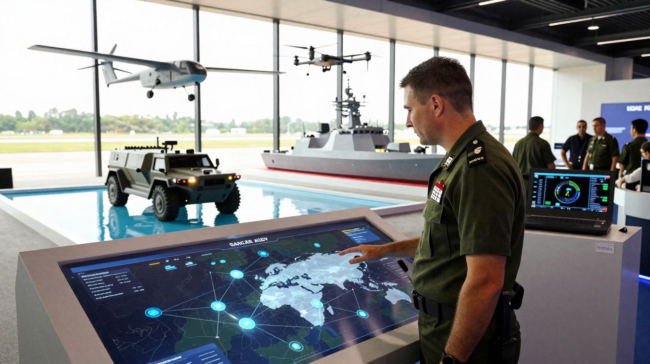 Militar interage com ecrã tátil a mostrar mapa mundial num centro de operação com drones, veículo e barco militar em exposiçã