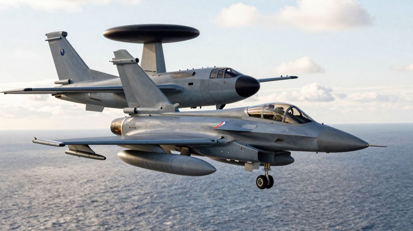 Dois aviões militares a voar sobre o mar, um caça à frente e um avião de alerta aéreo atrás.