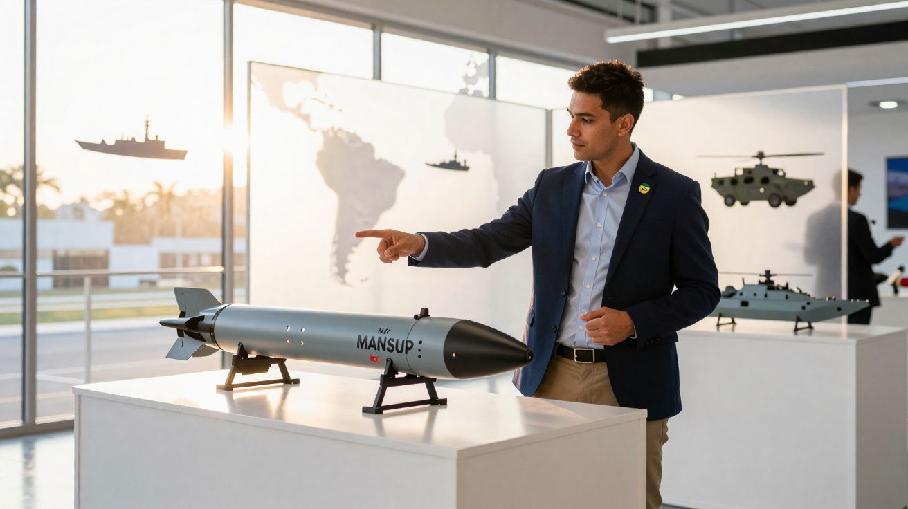 Homem aponta para modelo de míssil exposto em sala com mapas e modelos militares.
