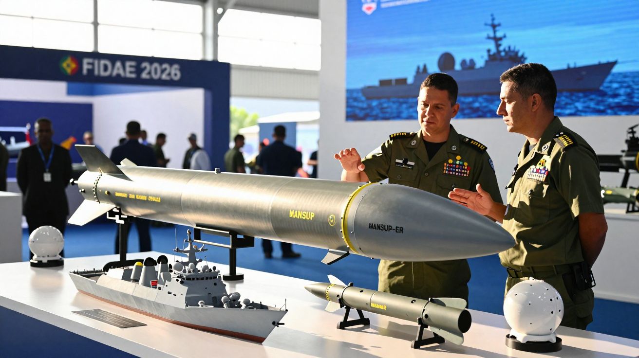 Dois militares observam e discutem modelos de mísseis e navios expostos na feira FIDAE 2026.
