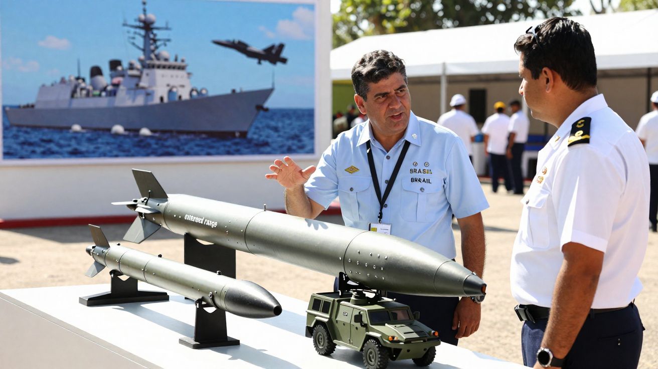 Dois homens em uniforme militar discutem modelos de armamento expostos numa feira ao ar livre.