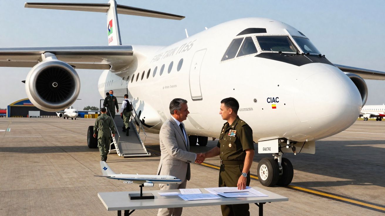 Homem de fato cumprimenta militar de uniforme à frente de avião branco estacionado no aeroporto.