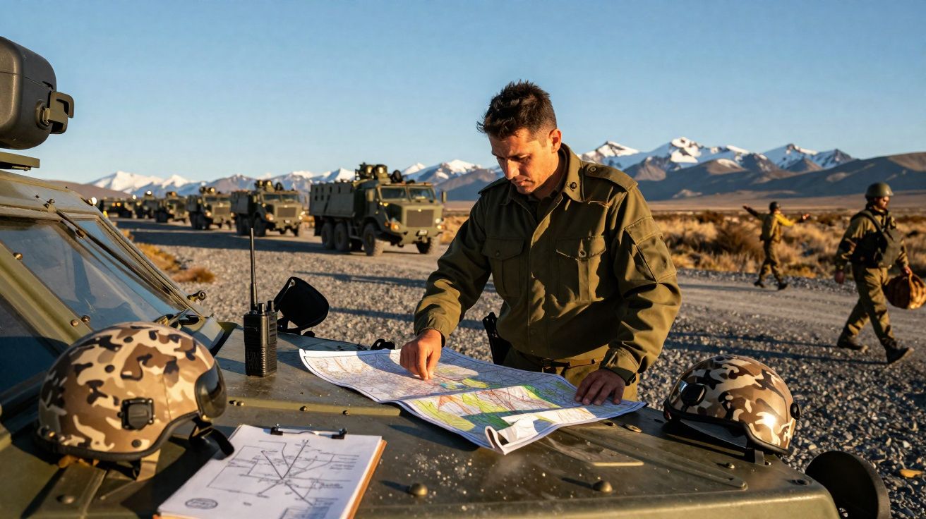 Soldado em uniforme verde consulta mapa sobre capô de veículo militar com capacetes e equipamentos à volta.