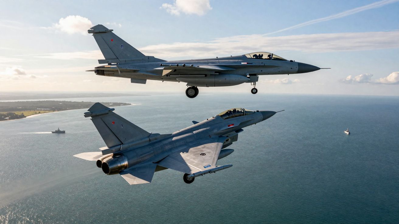 Dois aviões de combate a jato voam sobre o mar junto à linha costeira sob céu parcialmente nublado.