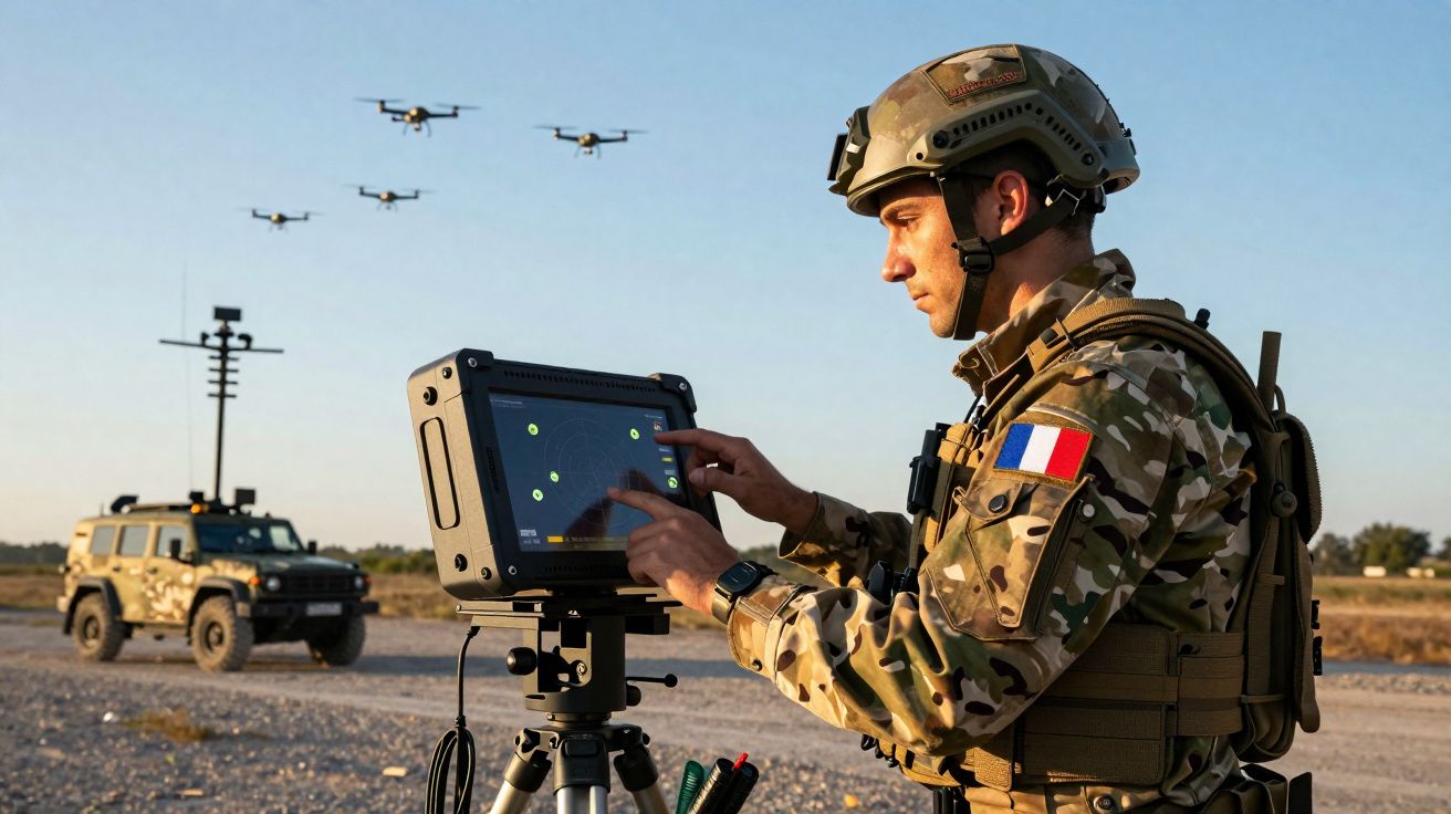 Soldado francês em uniforme camuflado controlando drones com tablet numa zona deserta ao pôr do sol.