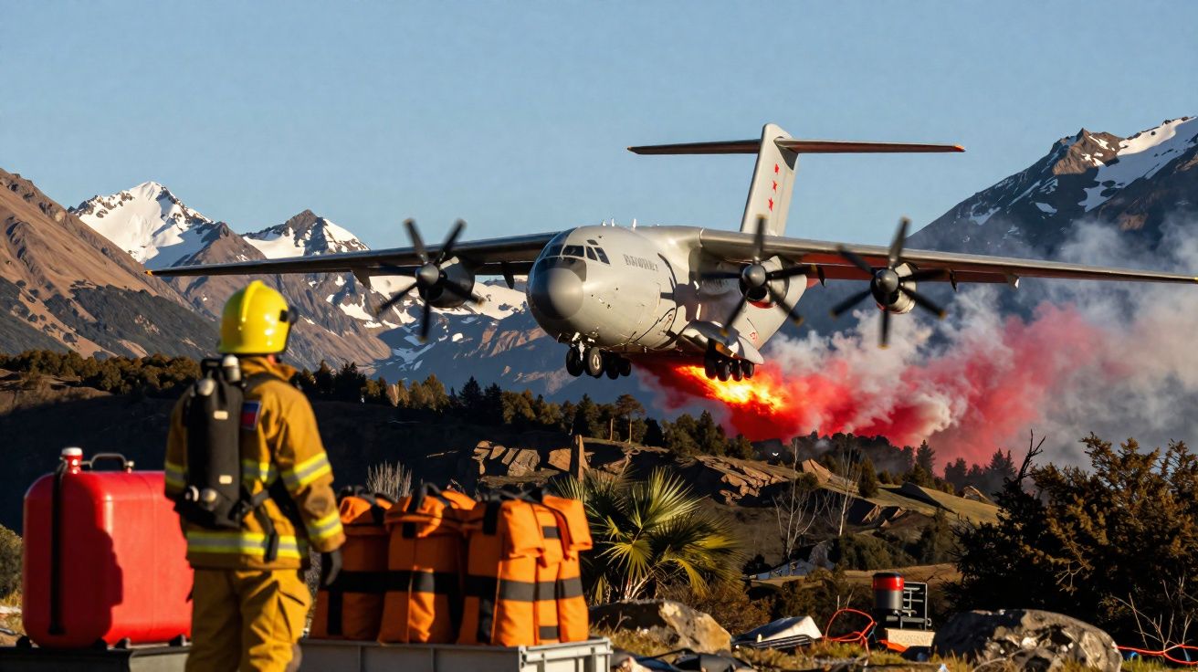 Avião de combate a incêndios lança produto químico enquanto bombeiro observa em área montanhosa com neve.