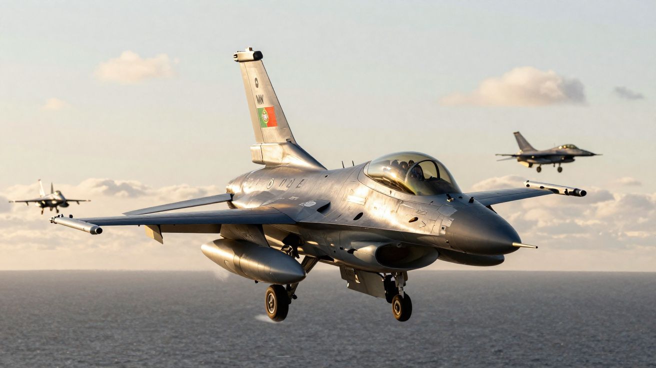 Três caças F-16 da Força Aérea Portuguesa em voo sobre o oceano ao pôr do sol.