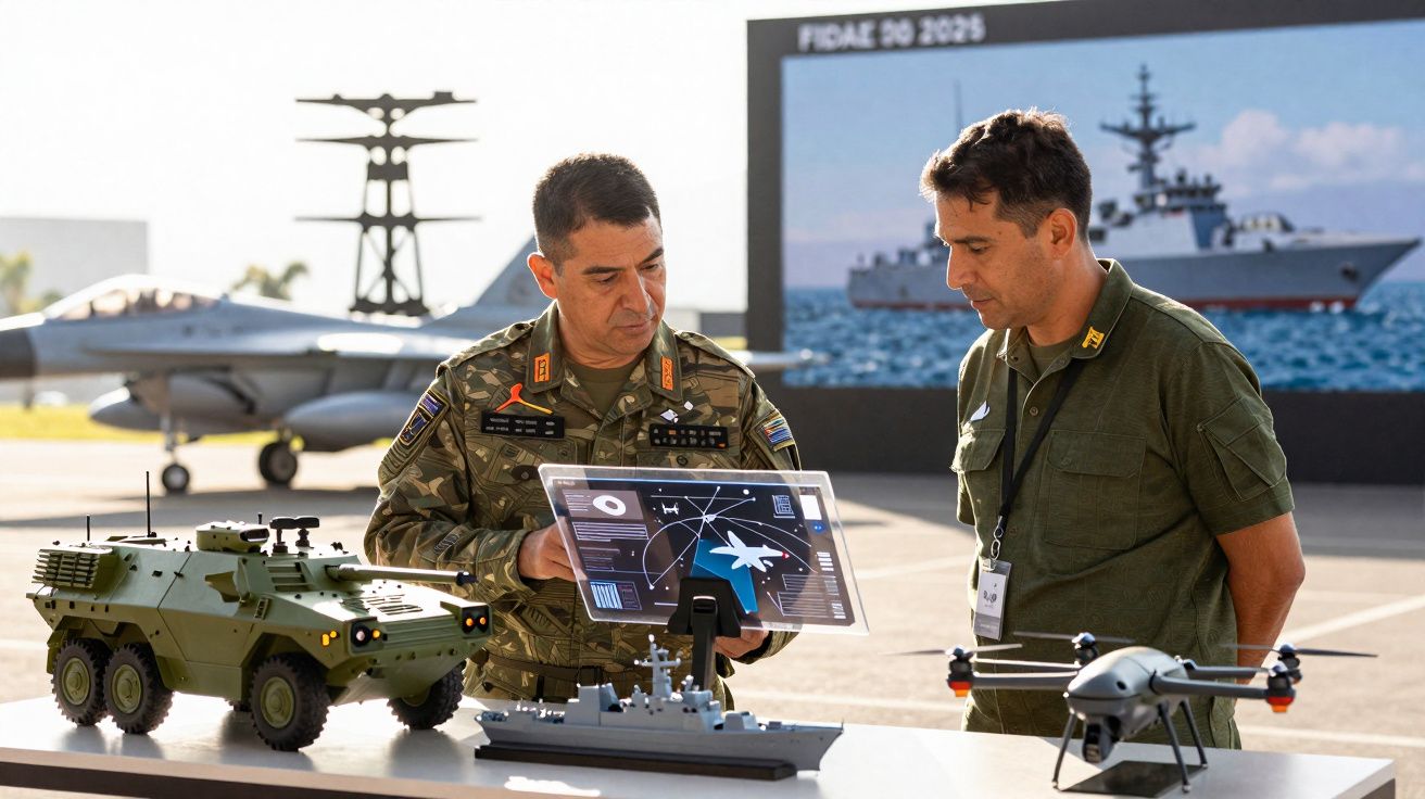 Dois militares consultam e apresentam modelos de veículos militares: carro blindado, navio e drone, junto a ecrã digital.