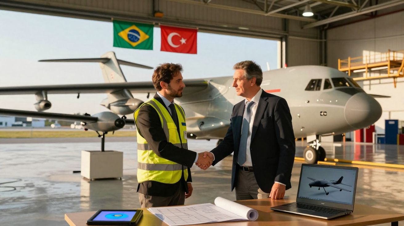Dois homens apertam as mãos dentro de um hangar com avião e bandeiras do Brasil e Turquia ao fundo.