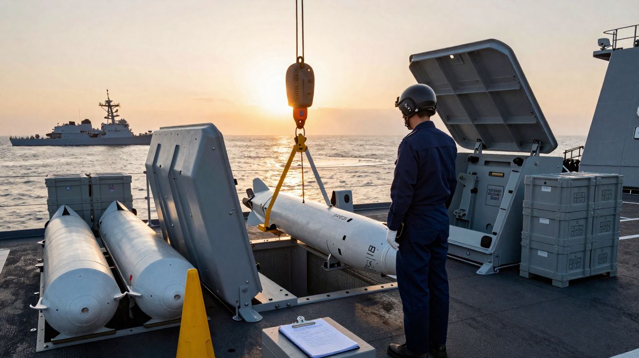 Marinheiro naval em convés com torpedos enquanto um navio de guerra navega ao pôr do sol no mar.