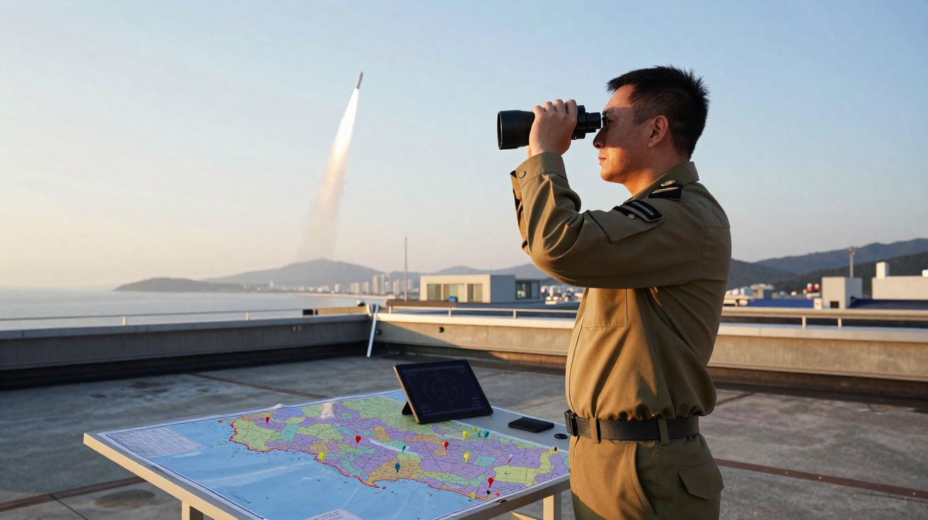 Militar observa lançamento de míssil com binóculos junto a mapa e tablet numa cobertura urbana ao pôr do sol.