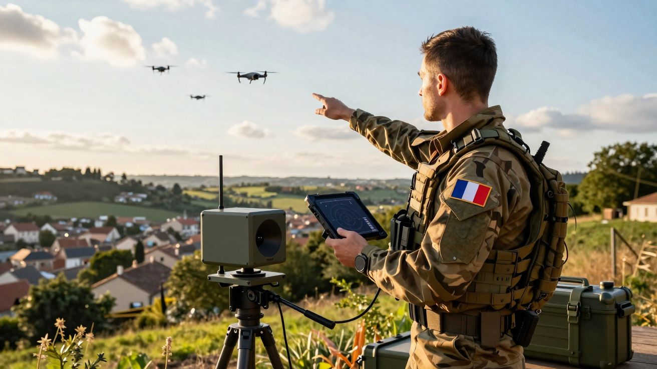 Soldado francês a operar drones com controlo remoto numa área rural com casas ao fundo.