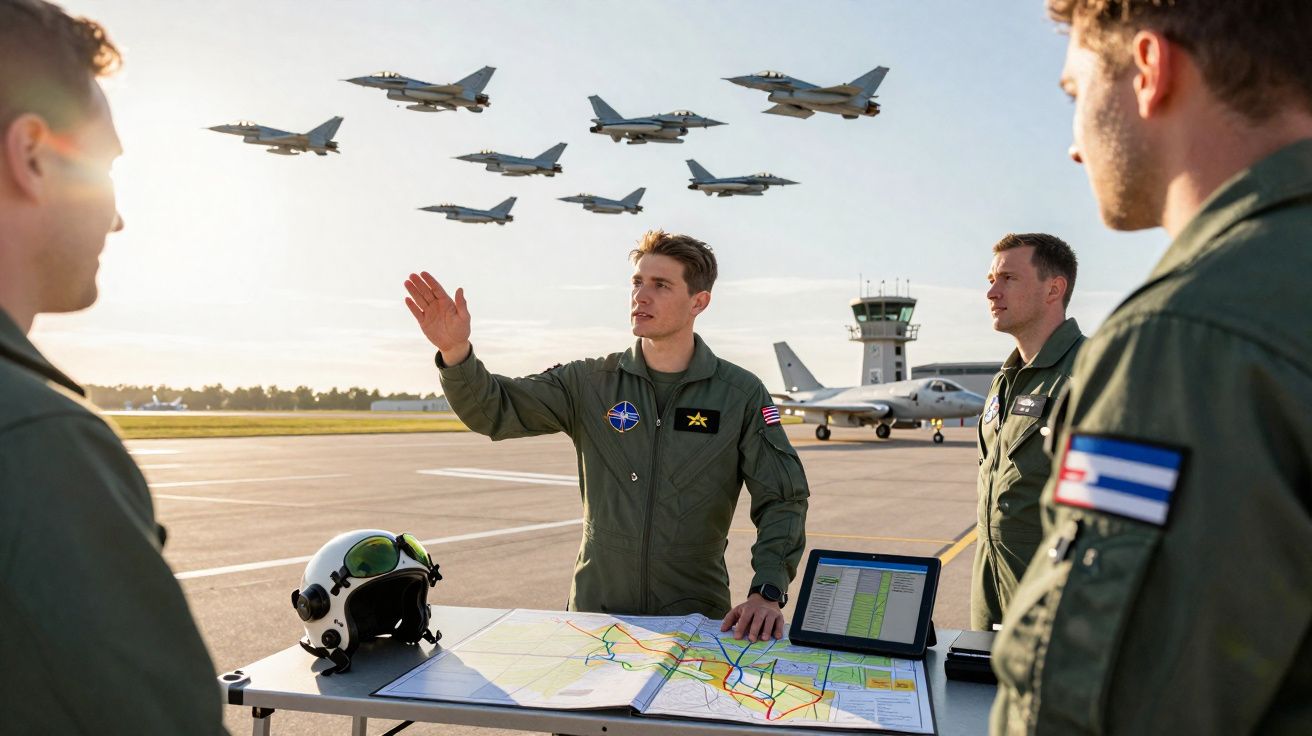 Pilotos militares em reunião junto a mapa, com jatos a sobrevoar base aérea ao fundo ao entardecer.