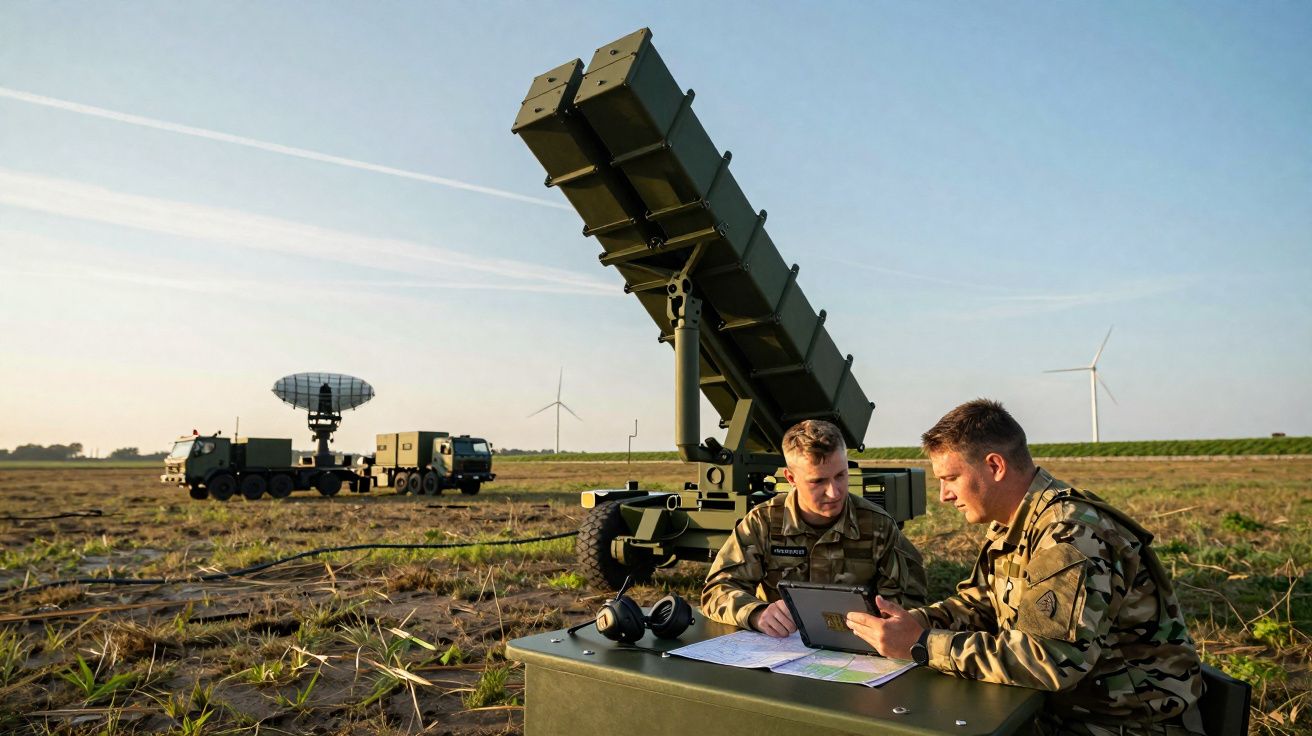 Dois soldados em uniforme militar planeiam junto a equipamento de lançamento de mísseis num campo aberto ao pôr do sol.