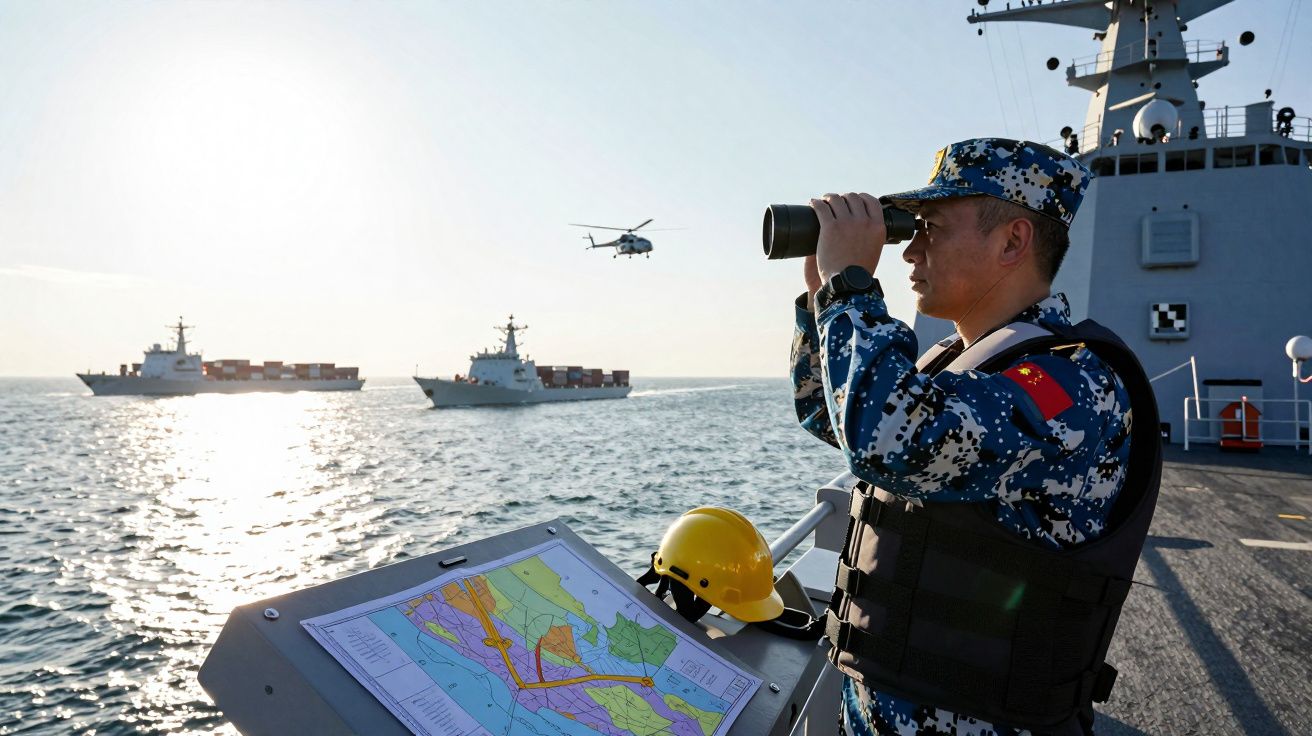 Militar naval em uniforme digital camuflado azul observa o mar com binóculos a bordo de navio de guerra.