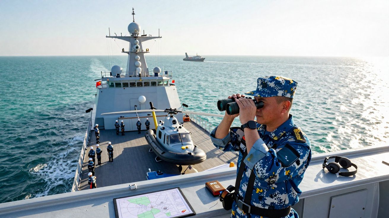 Militar em uniforme camuflado azul observa o mar com binóculos no convés de um navio de guerra com helicóptero.
