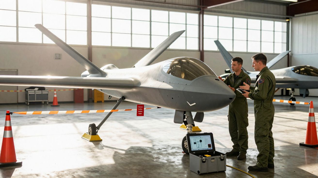 Dois técnicos militares em farda inspecionam um drone cinzento dentro de um hangar espaçoso.