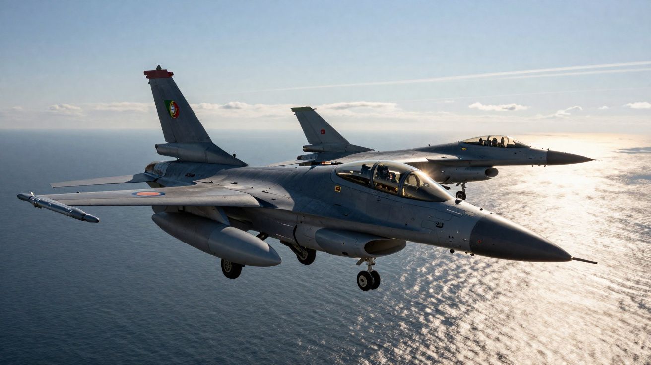 Dois caças militares a voar sobre o mar ao pôr do sol com céu limpo ao fundo.