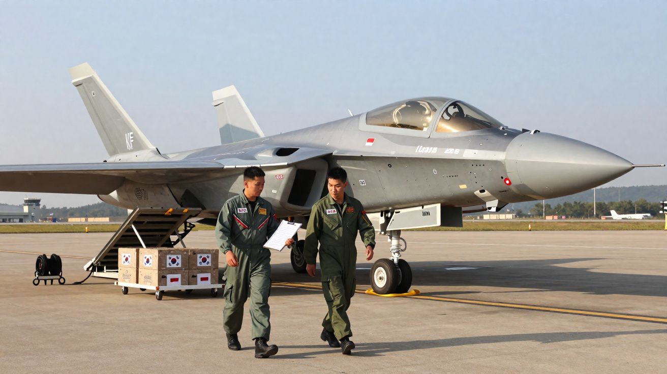 Dois pilotos militares a caminhar perto de um caça moderno estacionado numa pista de aeroporto.