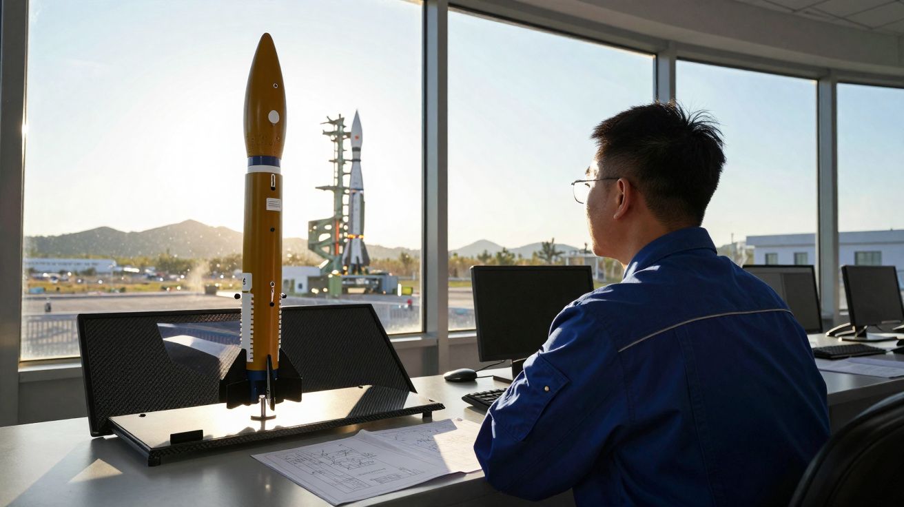 Homem de azul observa modelo de foguetão numa secretária com janelas para uma plataforma de lançamento ao fundo.