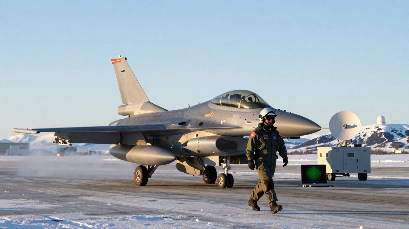 Caça militar estacionado em pista coberta de neve com piloto vestido com fato de voo e capacete a caminhar.