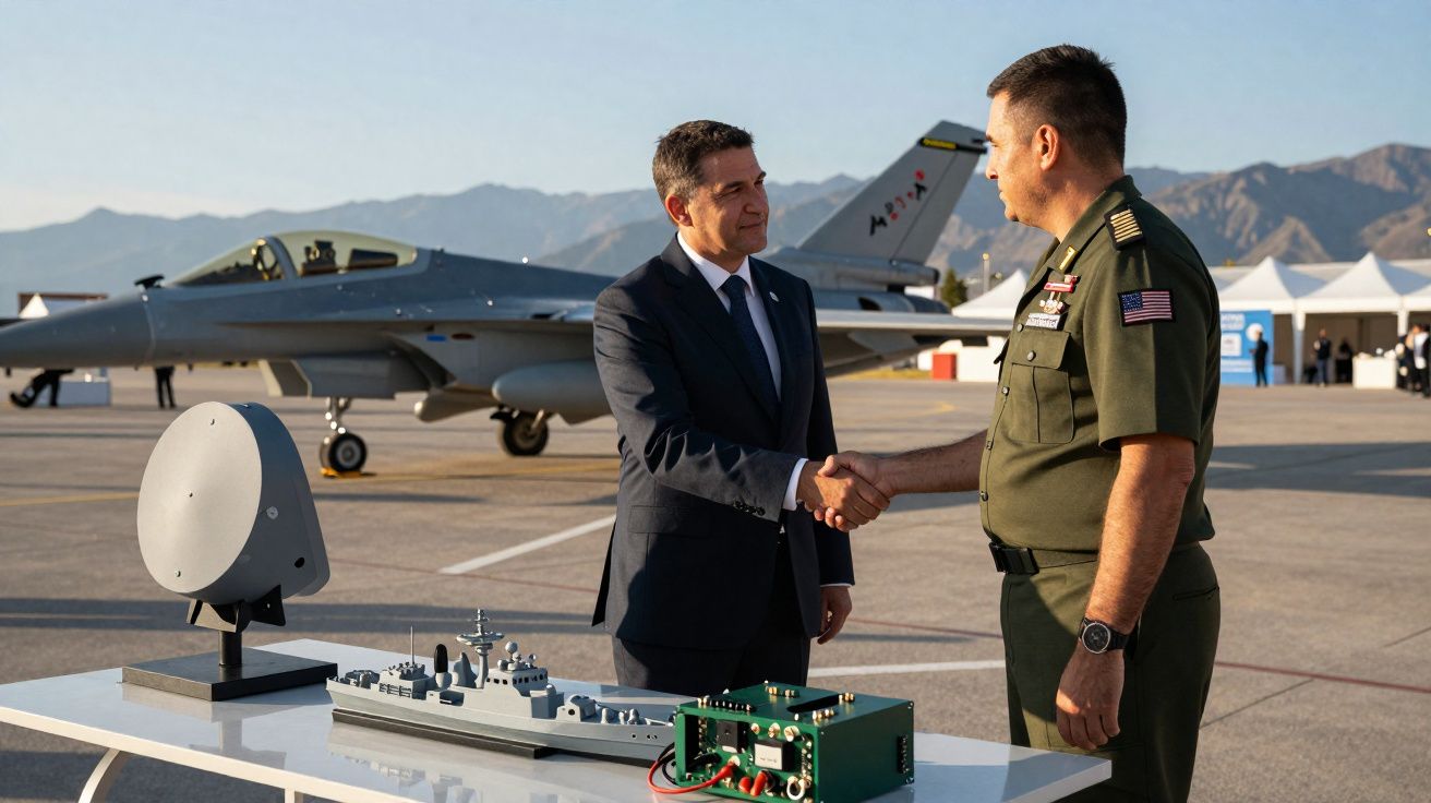 Dois homens a cumprimentarem-se junto a uma mesa com modelos militares, com um avião de combate ao fundo.