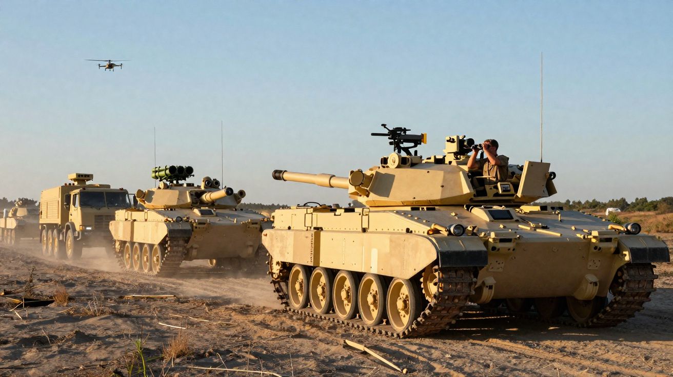 Coluna de veículos militares tanques e camião em terreno seco, com drone a sobrevoar ao fundo.