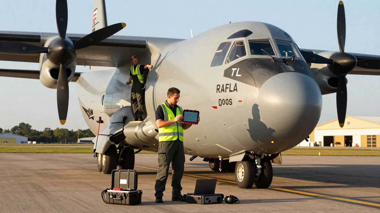 Homens com coletes reflectores trabalham numa inspeção técnica junto a avião militar estacionado na pista.