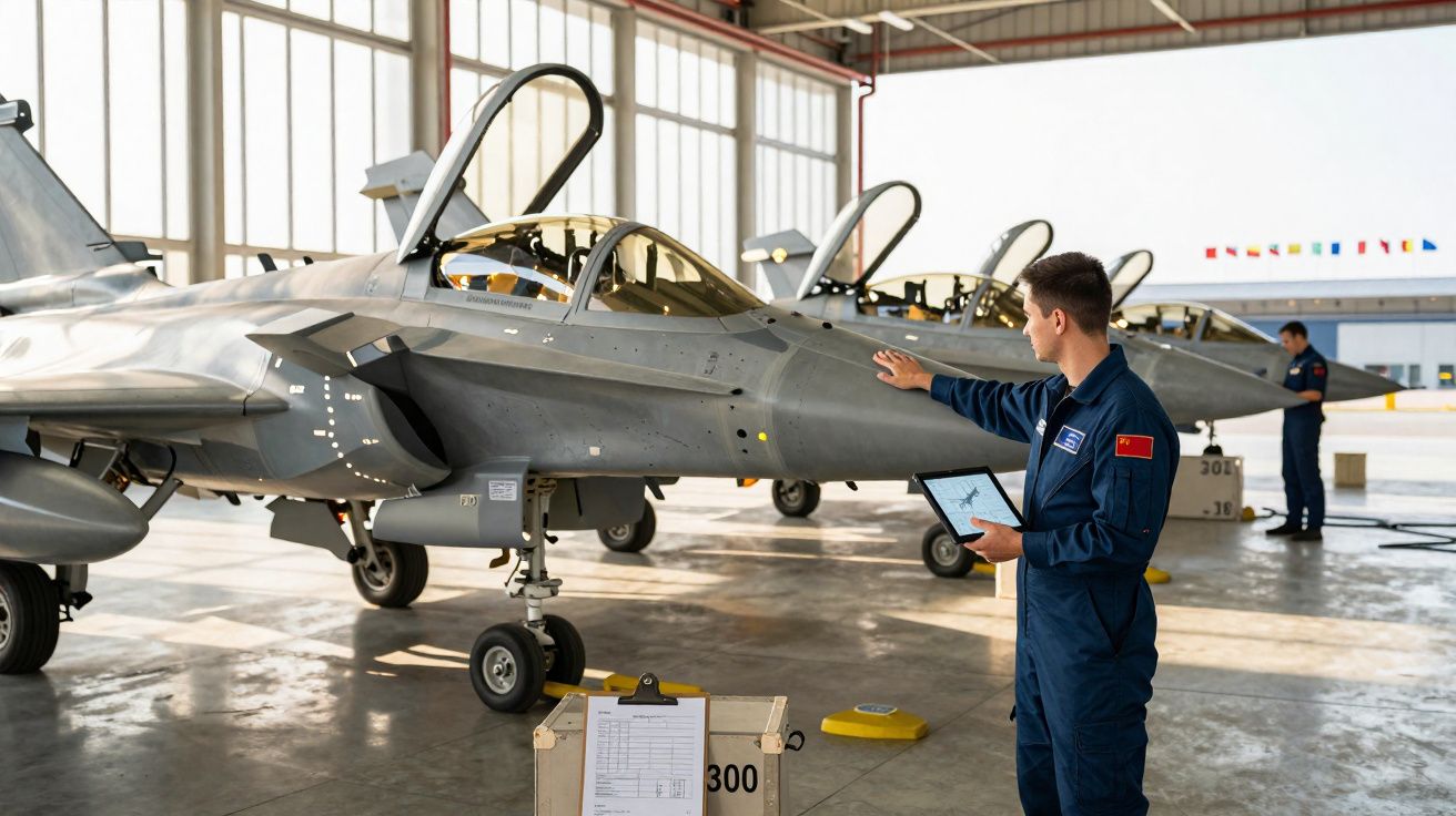 Homem em uniforme inspeciona avião militar cinzento numa hangar ampla com outros aviões ao fundo.