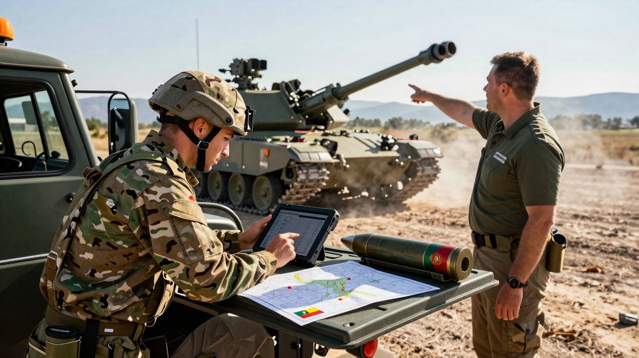 Dois soldados planificam operações militares perto de um tanque armado em terreno árido.